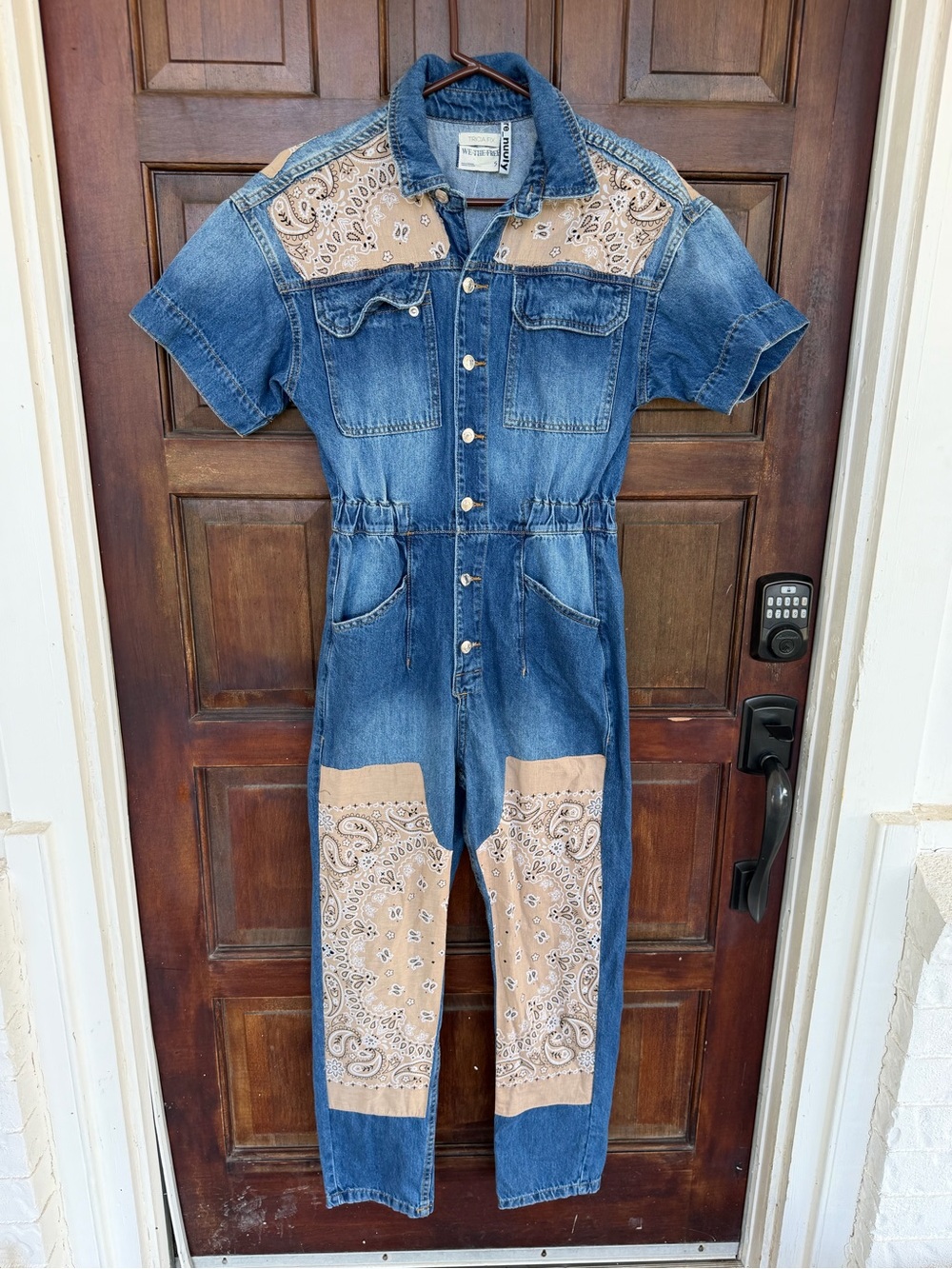 Free People Denim Jumpsuit with Tan Bandana Panels